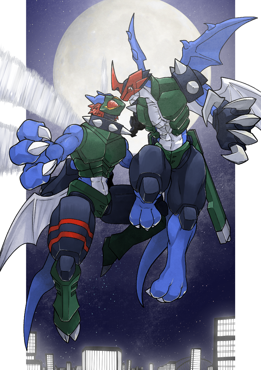 building digimon digimon_(creature) dinobeemon flying fusion highres paildramon sky spikes star_(sky) star_(symbol) starry_sky tail