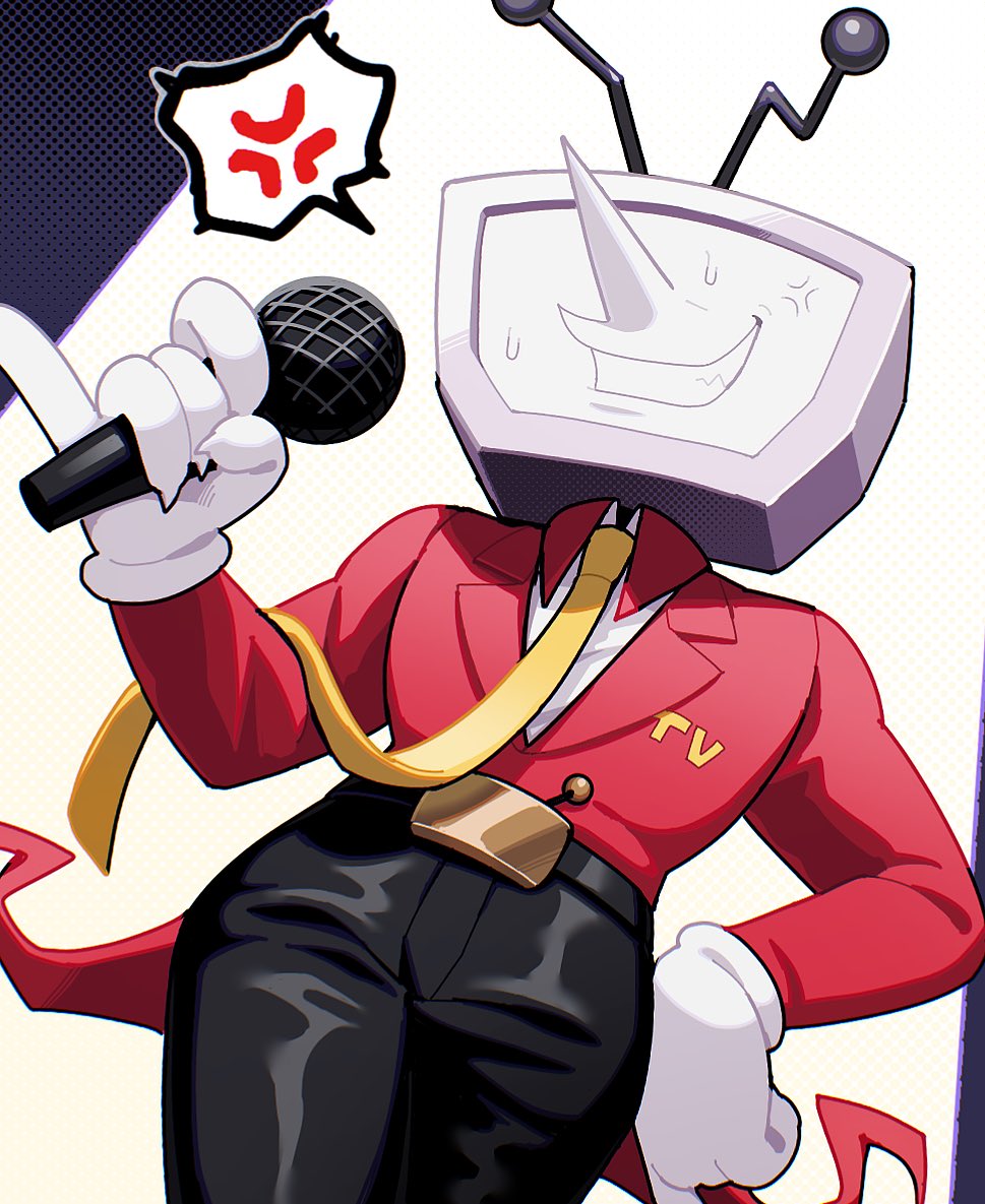 1boy anger_vein ant_tenna belt black_belt black_pants cowboy_shot crt deltarune gloves holding holding_microphone male_focus microphone necktie nnagi0111 object_head pants pinky_out pointy_nose smile solo spoken_anger_vein sweat tailcoat teeth white_gloves yellow_necktie