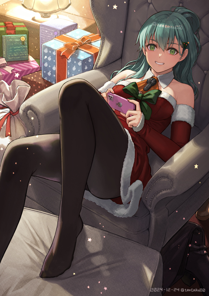 1girl alternate_legwear aqua_hair armchair ascot black_pantyhose breasts cellphone chair christmas_tree_hair_ornament detached_sleeves dress fur-trimmed_dress fur-trimmed_sleeves fur_trim gift green_eyes hair_ornament holding holding_phone indoors kantai_collection long_hair medium_breasts official_alternate_costume orange_ascot pantyhose phone red_dress red_sleeves santa_costume santa_dress sitting smartphone solo strapless strapless_dress suzuya_(christmas)_(kancolle) suzuya_(kancolle) tantaka very_long_hair