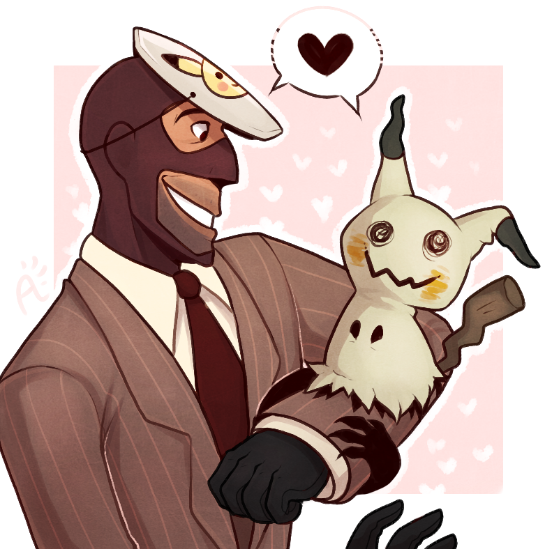 1boy astral-glass balaclava black_gloves brown_necktie collared_shirt crossover formal_clothes gen_7_pokemon gloves grey_jacket heart jacket looking_at_another mimikyu necktie nintendo pokemon pokemon_(creature) shirt speech_bubble spoken_heart spy_(tf2) suit team_fortress_2 upper_body white_shirt