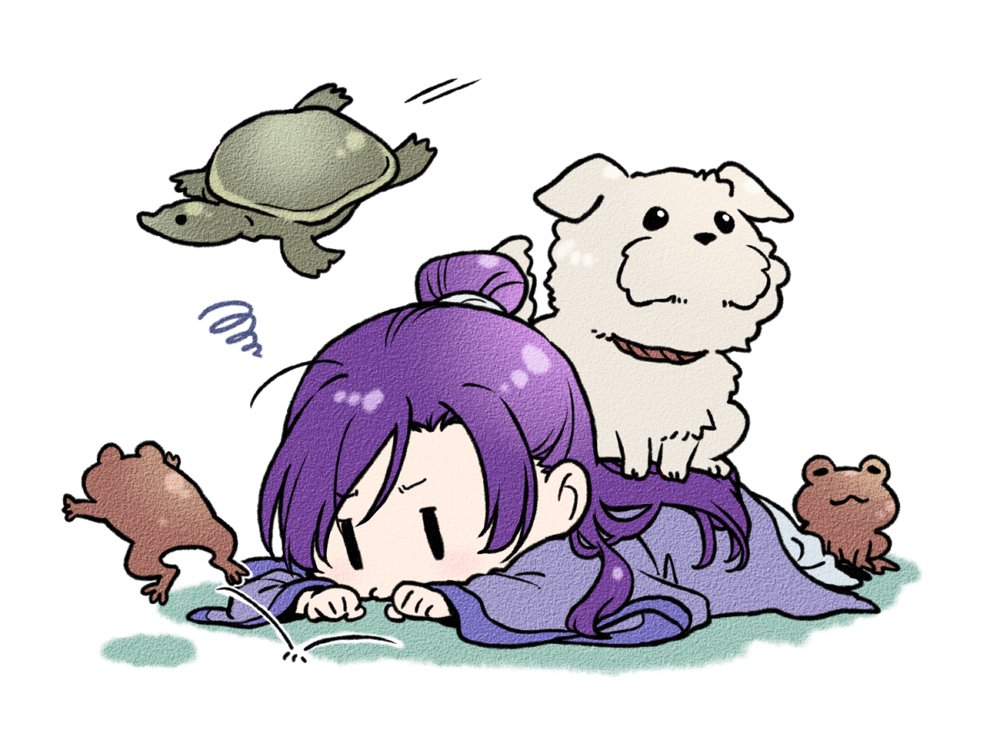 1boy chibi chinese_clothes dog frog hair_bun hanfu jinshi_(kusuriya_no_hitorigoto) kusuriya_no_hitorigoto long_hair lying male_focus nekokurage_(gen&#039;eikai_tsuushin) on_stomach purple_hair solo turtle white_background zhijupao