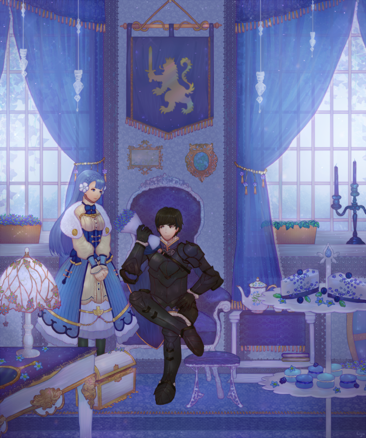 1boy 1girl armor bad_id bad_twitter_id berkut_(fire_emblem) blue_hair bouquet cake cape cup dress fire_emblem fire_emblem_echoes:_shadows_of_valentia fire_emblem_gaiden flower food gloves holding_hands heraldry hetero indoors lijupy nintendo rinea_(fire_emblem) sitting smile teacup teapot tiered_tray