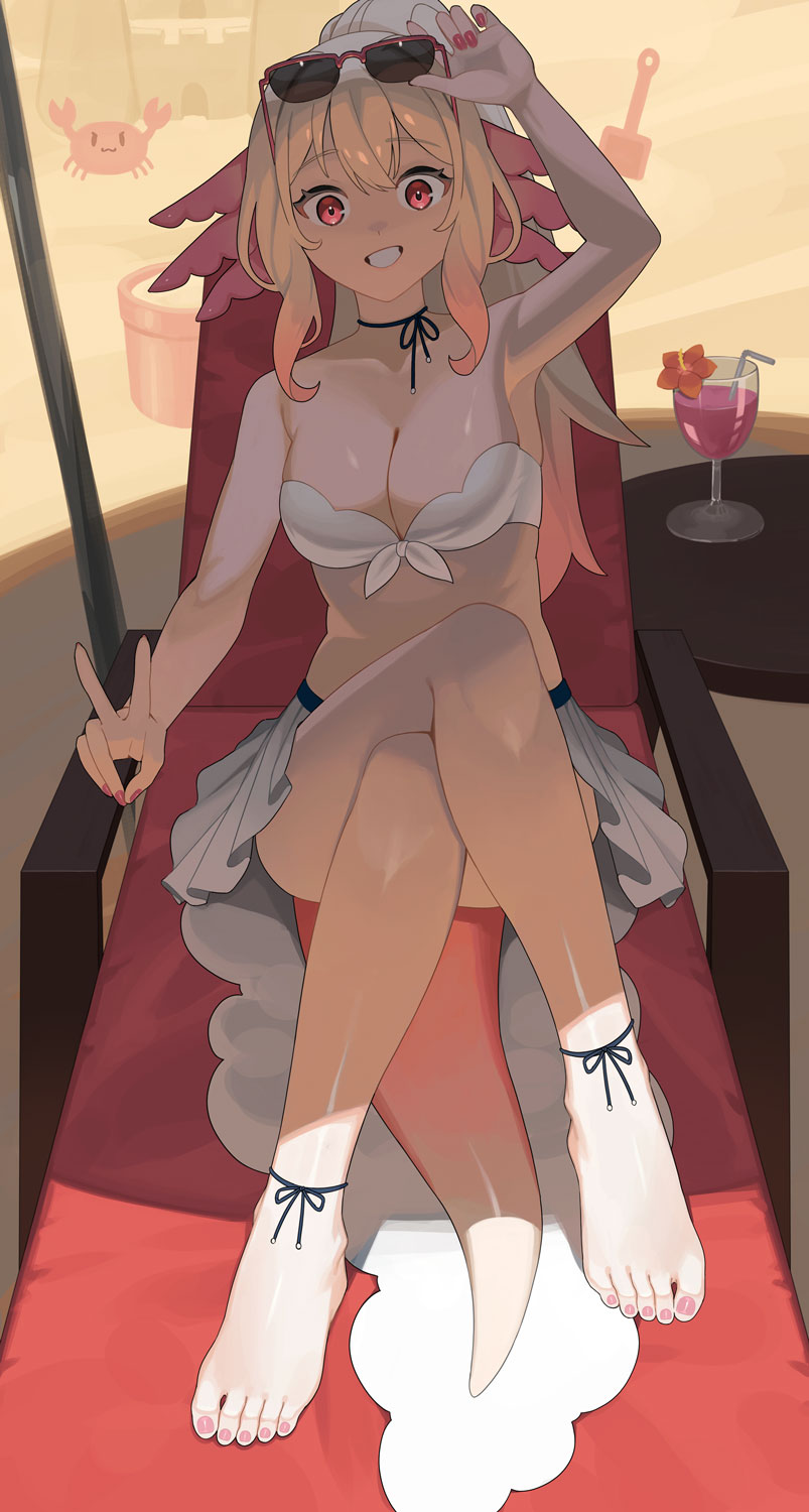 1girl arm_up armpits axolotl axolotl_girl axolotl_tail bikini blonde_hair breasts bucket cleavage cocktail_glass crab crossed_legs cup drinking_glass drinking_straw eyewear_on_head frilled_bikini frills gradient_hair grin high_ponytail highres karassawa large_breasts long_hair looking_at_viewer lottie_shinju multicolored_hair open_mouth pink_nails pixellink ponytail red_eyes red_hair sand_castle sand_sculpture sitting smile solo swimsuit virtual_youtuber white_bikini