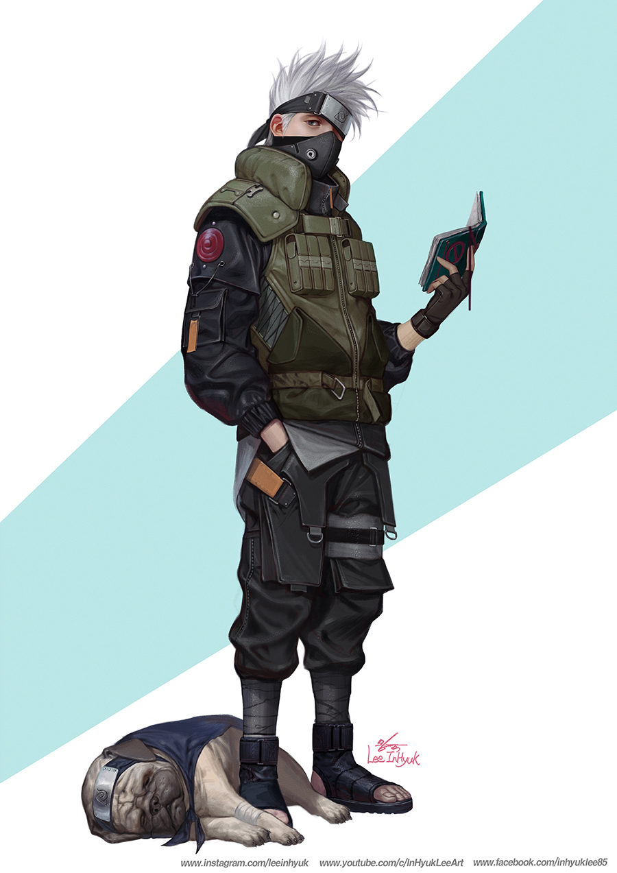 1boy blue_eyes book dog flak_jacket forehead_protector hand_in_pocket hatake_kakashi highres holding holding_book in-hyuk_lee jacket konohagakure_symbol male_focus mask naruto_(classic) naruto_(series) one_eye_covered pakkun_(naruto) pug realistic sandals signature silver_hair solo watermark web_address