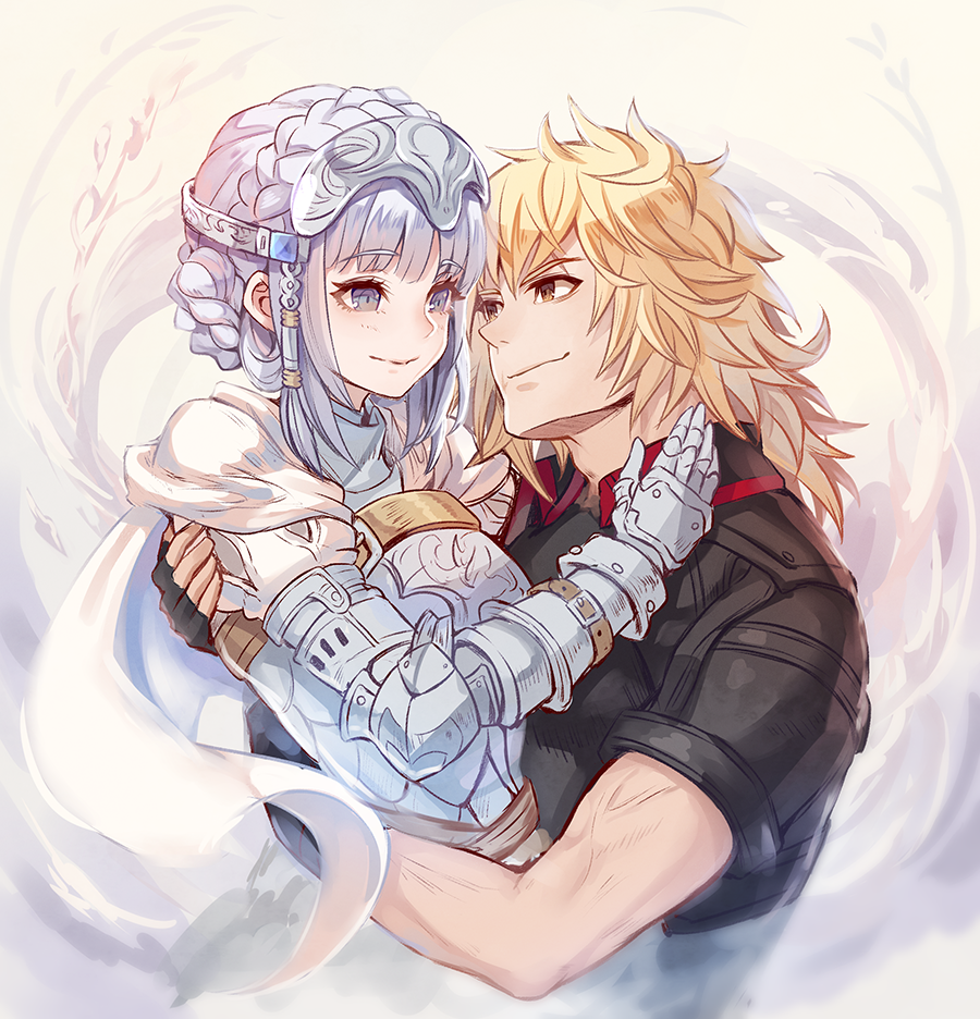 1boy 1girl arm_around_back arm_around_waist armor black_gloves black_jacket blonde_hair blunt_bangs braid breasts brown_eyes couple elbow_pads fingerless_gloves fujimaru_(green_sparrow) gloves grey_eyes grey_hair hair_between_eyes hair_ornament hair_up hand_on_another&#039;s_neck headpiece hetero high_collar jacket laeticia_aucerius light_blush long_hair looking_at_another loving loving_aura loving_gaze medium_breasts metal_gloves plate_armor raymond_lawrence short_sleeves sidelocks smile star_ocean star_ocean_the_divine_force toned toned_male upper_body