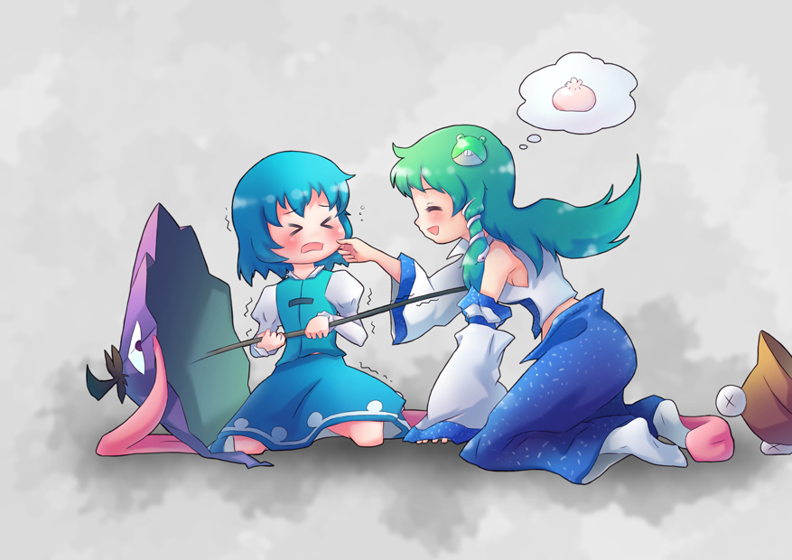 &gt;_&lt; 2girls blue_hair blush cheek_pinching closed_eyes female_focus frog green_hair hair_ornament karakasa_obake kneeling kochiya_sanae long_hair multiple_girls pinching pyonta short_hair snake tatara_kogasa touhou umbrella x_x xin_yu_hua_yin zxyon2008