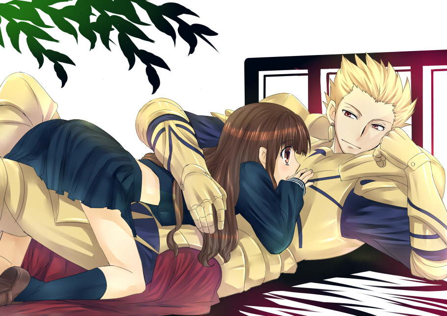 armor black_serafuku black_socks blonde_hair brown_eyes brown_hair earrings fate/extra fate/extra_ccc fate_(series) gilgamesh_(fate) girl_on_top gold_armor gold_earrings hug jewelry kishinami_hakuno_(female) loafers looking_at_another midriff_peek on_bed school_uniform serafuku shoes socks straight_hair urako