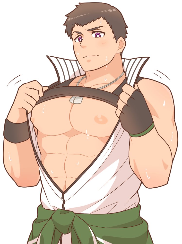 1boy abs aopanda bara black_gloves black_tank_top bright_pupils brown_hair closed_mouth clothes_around_waist clothes_lift dog_tags fingerless_gloves flustered gloves green_jacket idolmaster idolmaster_side-m jacket jacket_around_waist jewelry jumpsuit large_pectorals male_focus muscular muscular_male necklace nipples pectorals purple_eyes shingen_seiji shirt shirt_lift short_hair simple_background single_glove solo sweat sweatband tank_top white_background white_jumpsuit white_pupils wristband