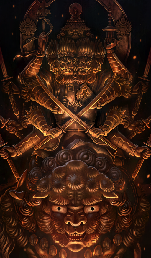 bishamonten black_background brown_theme commentary crossed_swords embers extra_arms fate/grand_order fate_(series) holding holding_sword holding_weapon japanese_mythology katana lasengle lion multiple_heads official_art riding riding_animal statue sword third-party_source weapon