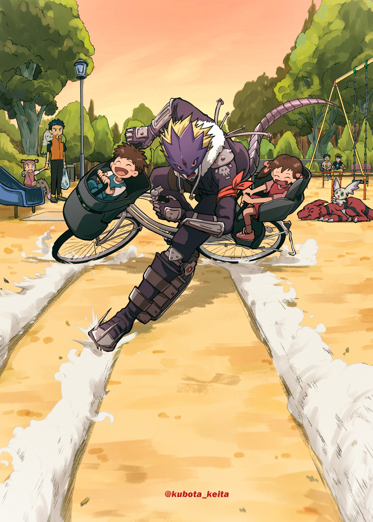 2girls 5boys ai_(digimon_tamers) akira_slide beelzebumon bicycle black_jacket black_pants brother_and_sister brown_hair closed_eyes cropped_jacket culumon digimon digimon_(creature) digimon_tamers group_picture guilmon highres jacket kitagawa_kenta kubota_keita lee_jianliang lee_shaochung makoto_(digimon_tamers) multiple_boys multiple_girls open_mouth pants park red_eyes riding riding_bicycle sharp_teeth shiota_hirokazu siblings teeth terriermon third_eye twitter_username