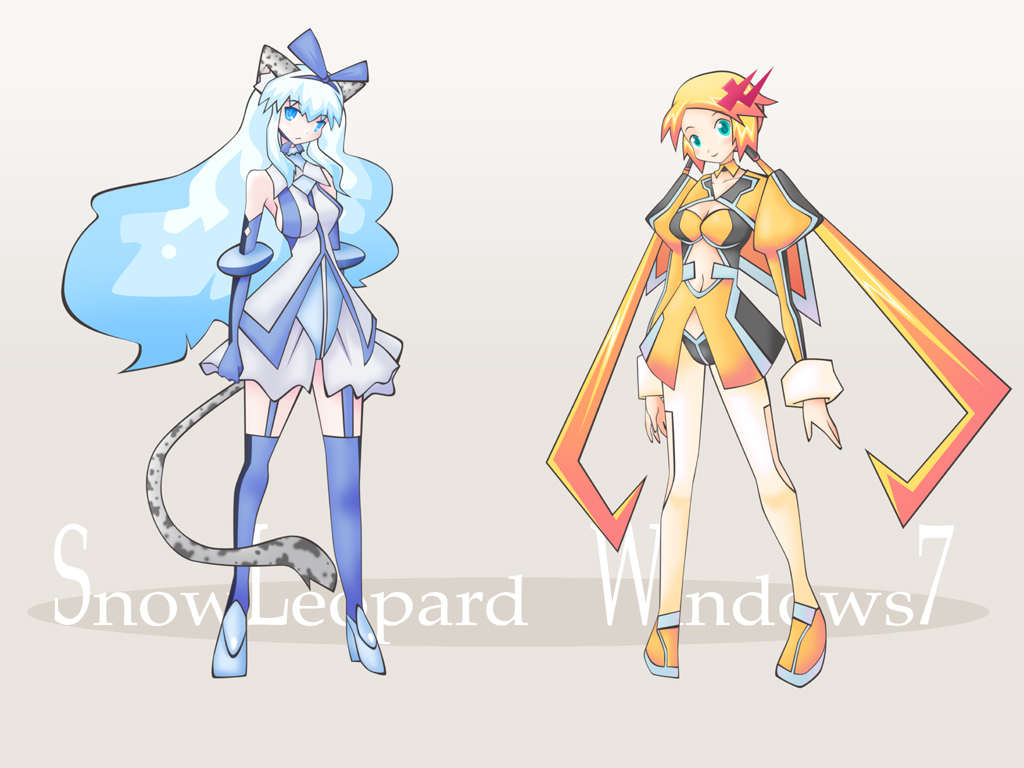2girls 7-tan animal_ears aqua_eyes blonde_hair blue_eyes blue_gloves blue_hair blue_leotard blue_thighhighs bodysuit breasts cleavage commentary_request full_body gloves grey_background juliet_sleeves leotard long_hair long_sleeves low_twintails multiple_girls original os-tan personification puffy_sleeves sato_(esuplusesu) simple_background snow_leopard-tan snow_leopard_ears snow_leopard_girl snow_leopard_tail thighhighs twintails yellow_bodysuit