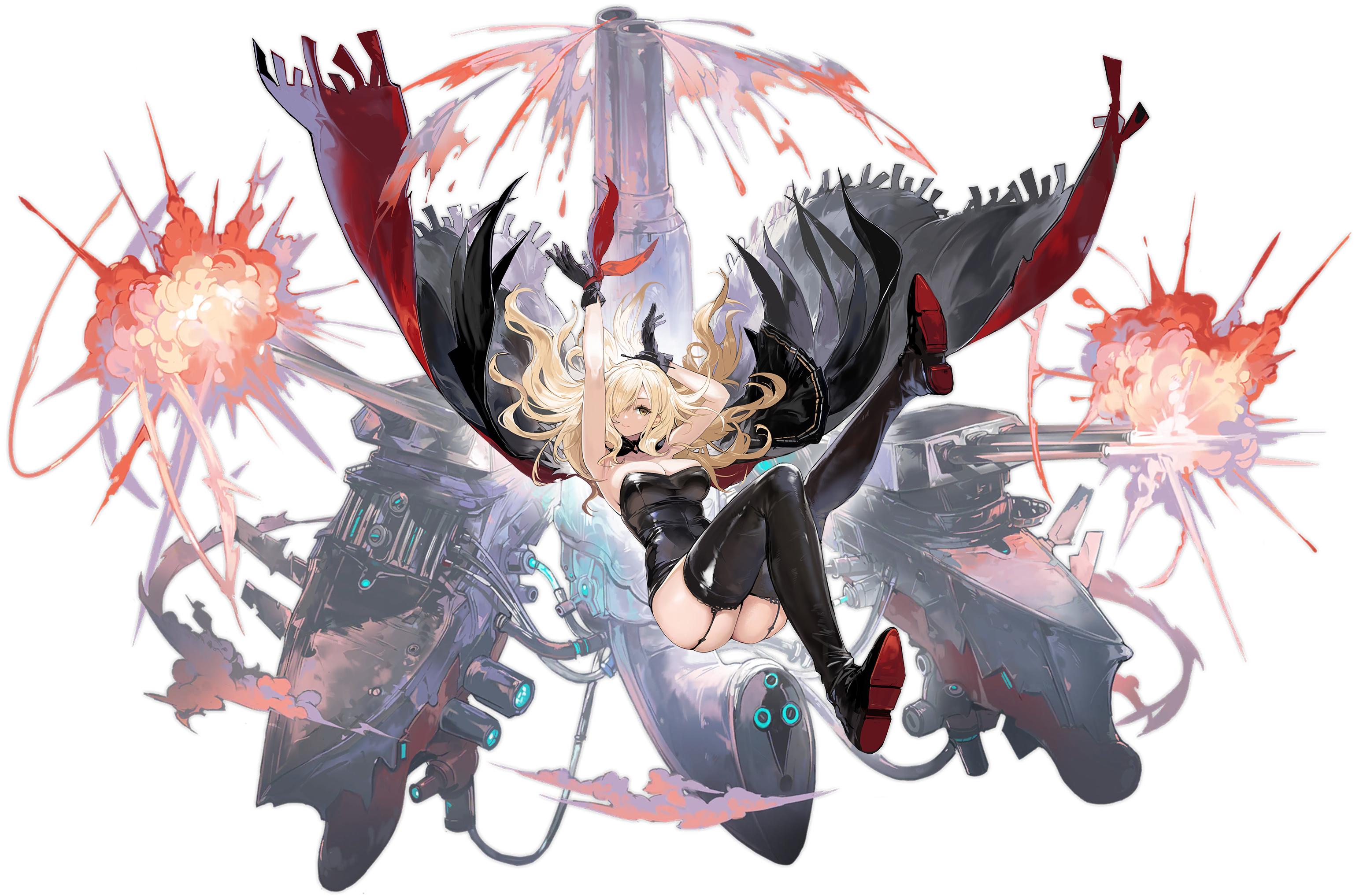 1girl armpits arms_up artist_request ass azur_lane bare_shoulders black_cape black_dress black_garter_straps black_gloves blonde_hair boots breasts cannon cape cleavage detached_collar dress explosion firing floating_hair garter_straps gloves hair_over_one_eye highres large_breasts leather_dress leg_up long_hair looking_at_viewer machinery nevada_(azur_lane) nevada_(meta)_(azur_lane) non-web_source official_art red_cape red_scarf rigging scarf shoe_soles short_dress skindentation smile solo thigh_boots thighs transparent_background tube two-sided_cape two-sided_fabric wrist_scarf