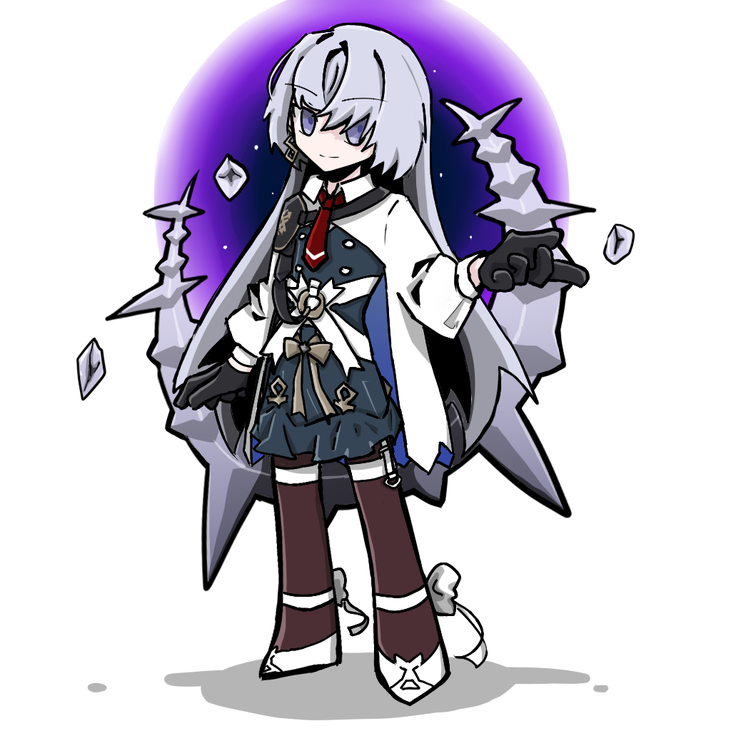 1girl arcaea black_gloves black_pantyhose black_skirt bow chibi collared_shirt earrings full_body gloves hair_between_eyes insight_(arcaea) jewelry long_sleeves necktie pantyhose purple_eyes red_necktie shirt shoes single_shoulder_pad skirt smile solo thigh_strap user_wsss4242 white_hair white_shirt white_shoes yellow_bow