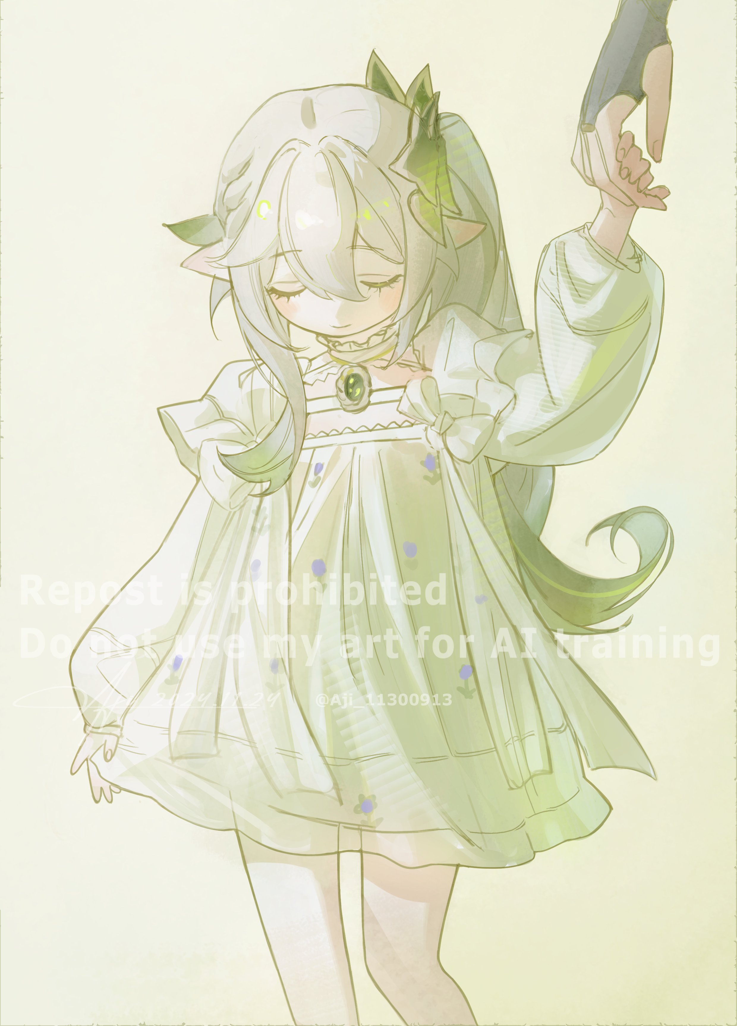 1girl absurdres aji_11300913 alternate_costume arm_at_side arm_up black_bridal_gauntlets bow bridal_gauntlets closed_eyes collar dress eyelashes fingernails frilled_collar frilled_sleeves frills genshin_impact gold_ring gradient_hair green_background green_brooch green_hair hair_ornament half_crown_braid hand_size_difference head_down highres holding_hands leaf leaf_hair_ornament long_hair long_sleeves middle_ring multicolored_hair nahida_(genshin_impact) open_hand pointy_ears scaramouche_(genshin_impact) side_ponytail sidelocks wanderer_(genshin_impact) watermark white_bow white_collar white_dress white_hair white_sleeves