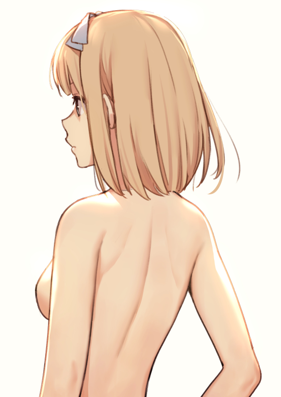 1girl 22/7 blonde_hair bow bow_hairband from_behind grey_bow grey_hairband hair_bow hairband nagareboshi nude saito_nicole short_hair simple_background solo upper_body white_background