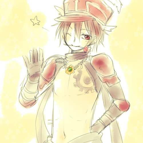 1boy ark_kan armor black_gloves brown_hair chain chain_necklace closed_mouth elbow_gloves flower flower_in_mouth gloves hat jewelry looking_at_viewer lowres male_focus mechanic_(ragnarok_online) navel necklace no_nipples one_eye_closed pauldrons pink_flower ragnarok_online red_armor red_eyes red_hat shako_cap short_hair shoulder_armor shrug_(clothing) smile solo upper_body waving wink_star yellow_background