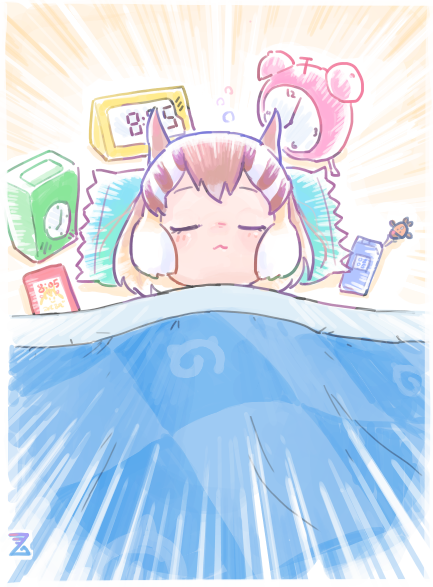alarm_clock blanket blonde_hair blush cellphone chipmunk_ears chipmunk_girl clock closed_eyes digital_clock imnim_leef japari_symbol kemono_friends kemono_friends_v_project multicolored_hair phone pillow short_hair siberian_chipmunk_(kemono_friends) sidelocks sleeping smartphone virtual_youtuber white_hair