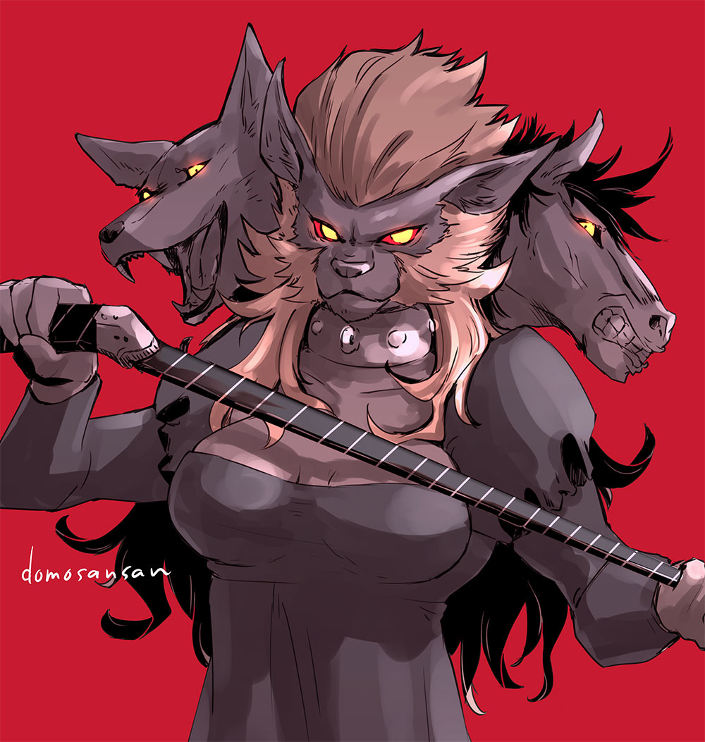 1girl animal_head artist_name black_hair breasts closed_mouth collar colored_sclera dog_head dress fangs glowing glowing_eyes hecate_(megami_tensei) holding holding_weapon holding_whip horse_head long_hair looking_at_viewer open_mouth orange_hair pointy_ears red_background red_sclera shin_megami_tensei shinabita_nasubi signature simple_background smile solo weapon whip yellow_eyes