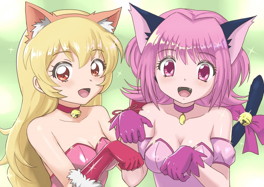 2girls aikatsu! aikatsu!_(series) an1k1_(tkks5227) animal_ears arm_garter armlet bell blonde_hair bow breasts cat_ears cat_girl choker cleavage crossover fang fur_collar gloves hoshimiya_ichigo idol jewelry leotard long_hair medium_breasts medium_hair mew_ichigo momomiya_ichigo multiple_girls name_connection neck_bell paw_pose pink_armlet pink_choker pink_eyes pink_gloves pink_hair pink_leotard pink_top red_choker red_gloves shiny_clothes shiny_skin smile strapless tail tail_bell tail_ornament tokyo_mew_mew