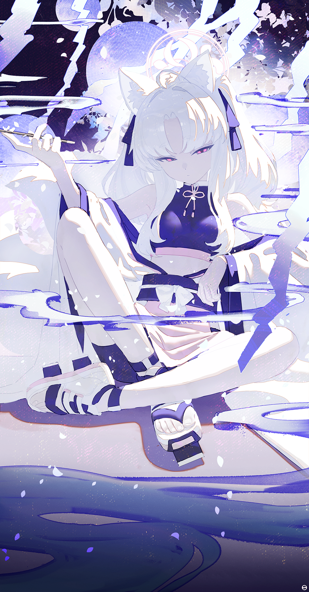 1girl ahoge animal_ear_fluff animal_ears bare_shoulders black_shorts blue_archive closed_mouth cropped_shirt fox_ears fox_girl fox_tail hair_ribbon highres holding holding_smoking_pipe indian_style japanese_clothes kimono kuzunoha_(blue_archive) long_hair looking_at_viewer multiple_tails obi parted_bangs pink_eyes purple_ribbon purple_sash purple_shirt ribbon sandals sash shirt shorts shorts_under_skirt sidelocks sitting skirt smoking_pipe solo songchuan_li tail tsurime two_side_up white_hair white_kimono white_sandals white_skirt wide_sleeves