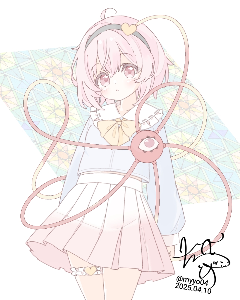 1girl :/ ahoge arms_at_sides blush bow bowtie chame_(myyo04) commentary_request cowboy_shot dated dot_nose eyeball frilled_shirt_collar frills hair_between_eyes hair_ornament hairband head_tilt heart heart_hair_ornament komeiji_satori long_sleeves looking_at_viewer muted_color pink_eyes pink_hair pink_skirt pleated_skirt puffy_long_sleeves puffy_sleeves short_hair signature simple_background skirt solo thigh_strap third_eye touhou white_background yellow_bow yellow_bowtie