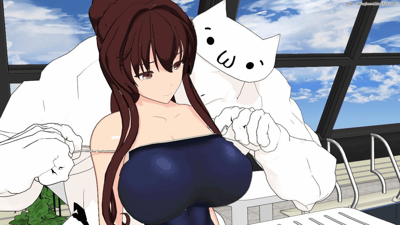 3d cg gif hentai eringi 3dcg, yamato (kancolle), kantai collection, looking away, animated,  animated gif, huge filesize, mikumikudance (medium), 1boy, 1girl, 3d, bare  arms, bare shoulders, blue one-piece swimsuit, blue sky, bouncing breasts,  breast drop, breasts,