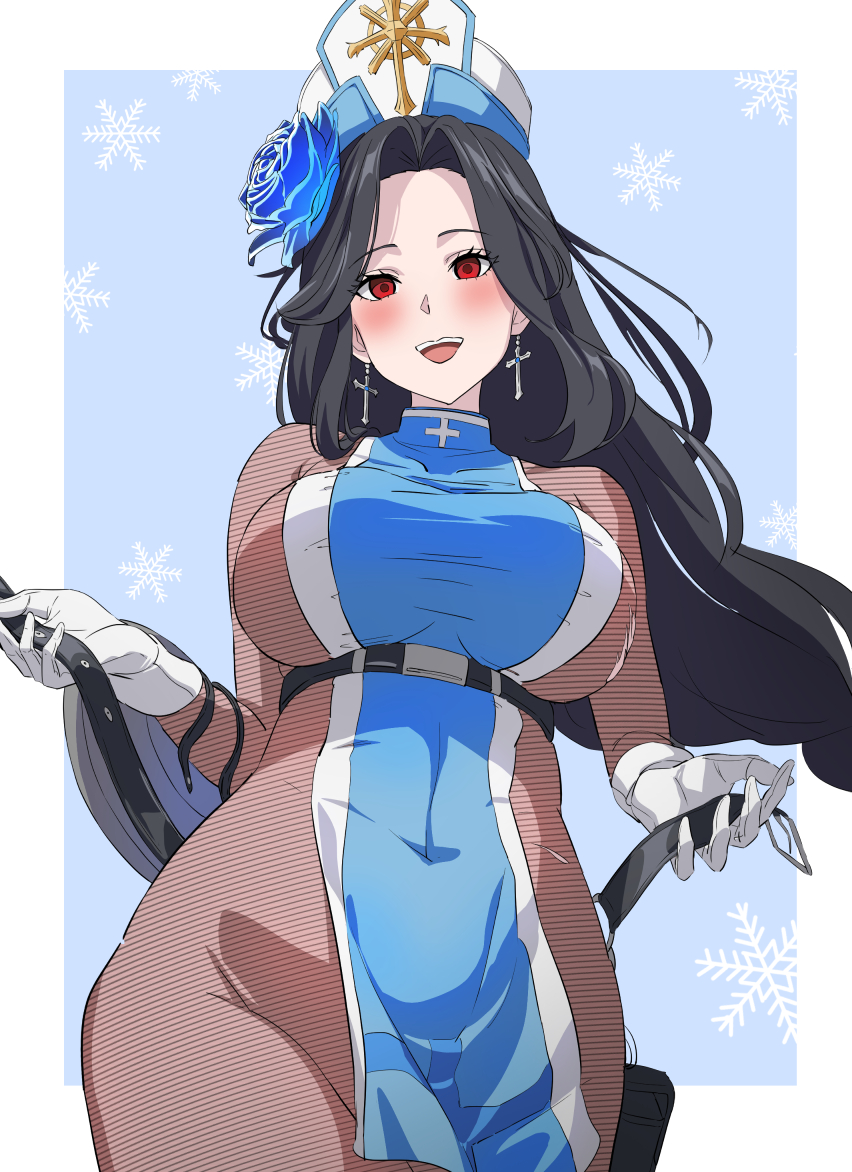 1girl belt black_belt black_hair bodystocking braid braided_ponytail breasts cowboy_shot cross cross_earrings earrings gloves goddess_of_victory:_nikke hat hatenoga ice_flower jewelry large_breasts long_hair looking_at_viewer maiden_(ice_rose)_(nikke) maiden_(nikke) official_alternate_costume pelvic_curtain simple_background solo torn_bodystocking torn_clothes very_long_hair white_gloves white_hat