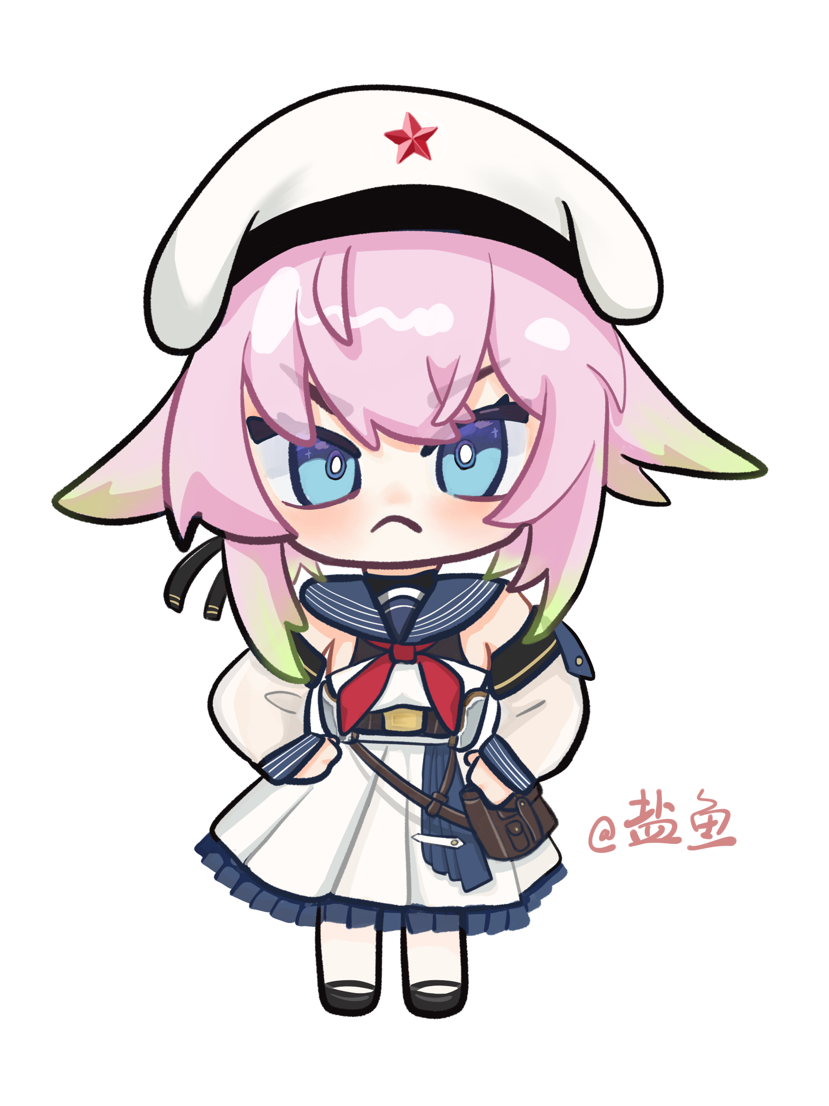 1girl artist_name bad_link beret blue_eyes blue_sailor_collar chibi chinese_text colored_tips detached_sleeves dress frown full_body gradient_hair green_hair hair_flaps hands_on_own_hips hat hat_ornament highres jinan_(warship_girls_r) long_sleeves looking_at_viewer multicolored_hair neckerchief pantyhose pink_hair red_neckerchief red_star sailor_collar simple_background solo standing star_(symbol) star_hat_ornament twitter_username v-shaped_eyebrows warship_girls_r white_background white_dress white_pantyhose yanyu404