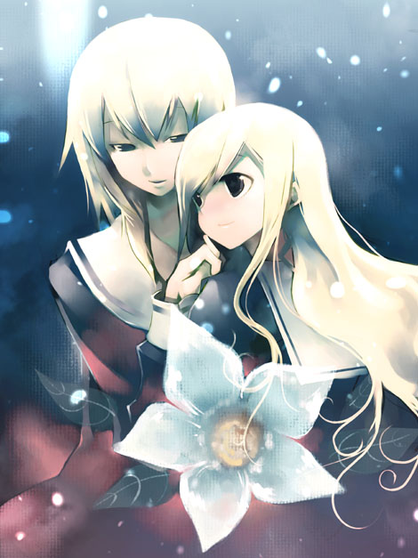 2girls bad_id black_eyes blonde_hair commentary_request flower kei_(keigarou) lillian_girls&#039;_academy_school_uniform long_hair long_sleeves looking_at_another maria-sama_ga_miteru multiple_girls sailor_collar satou_sei school_uniform smile snowing toudou_shimako white_flower white_sailor_collar