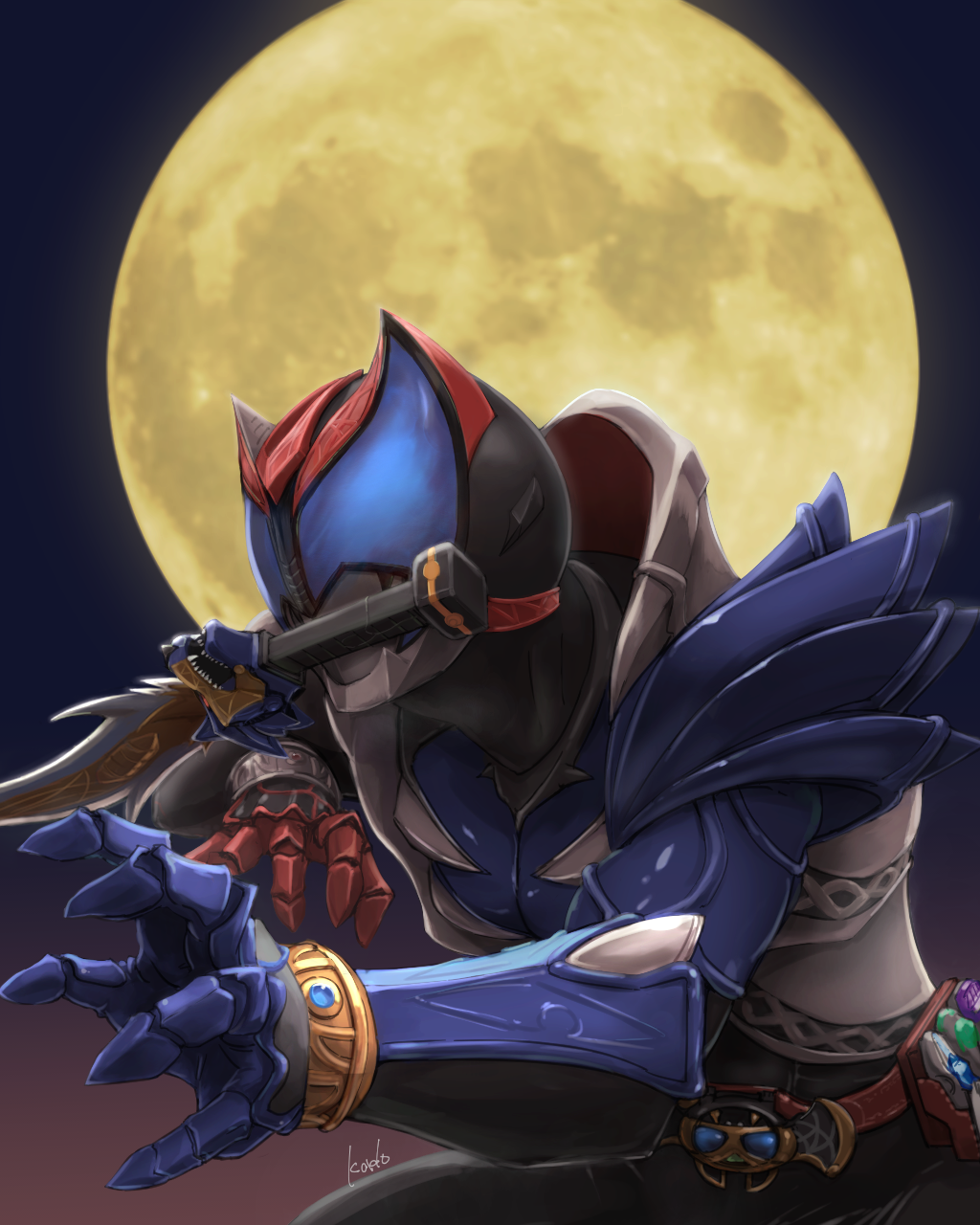 1boy armor artist_name black_bodysuit blue_armor blue_eyes bodysuit chain compound_eyes full_moon garulu_saber highres kamen_rider kamen_rider_kiva kamen_rider_kiva_(garulu_form) kamen_rider_kiva_(series) kivat_belt kyuri_bakuhatu male_focus moon mouth_hold multicolored_armor open_hands simple_background standing upper_body