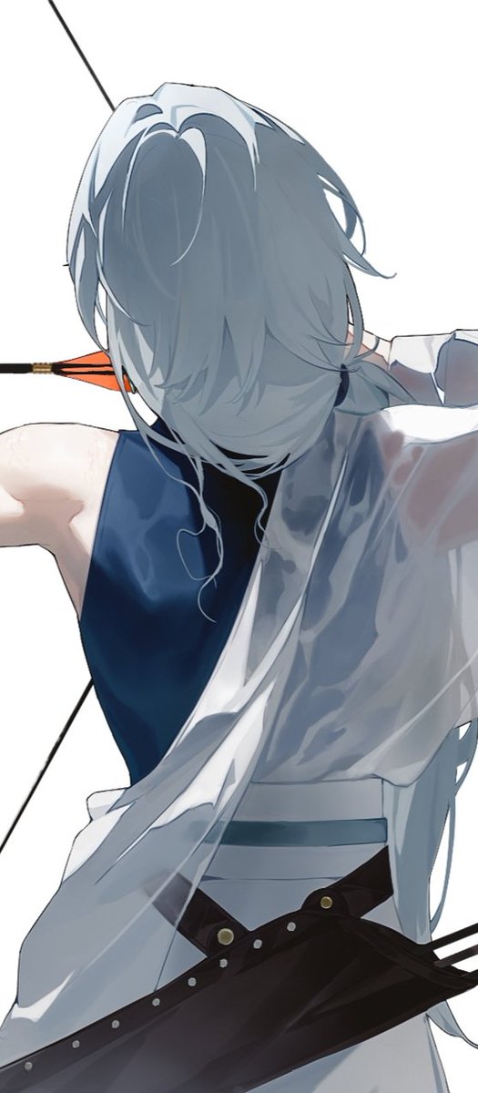 1girl archery arm_out_of_sleeve arrow_(projectile) back bow_(weapon) chinese_commentary commentary_request drawing_bow dress du_ruo_(path_to_nowhere) from_behind hadanugi_dousa hair_over_one_eye highres holding holding_bow_(weapon) holding_weapon houraisan_chouko long_hair low-tied_long_hair open_kimono path_to_nowhere quiver see-through_clothes see-through_dress simple_background solo toned toned_female upper_body weapon white_background white_hair