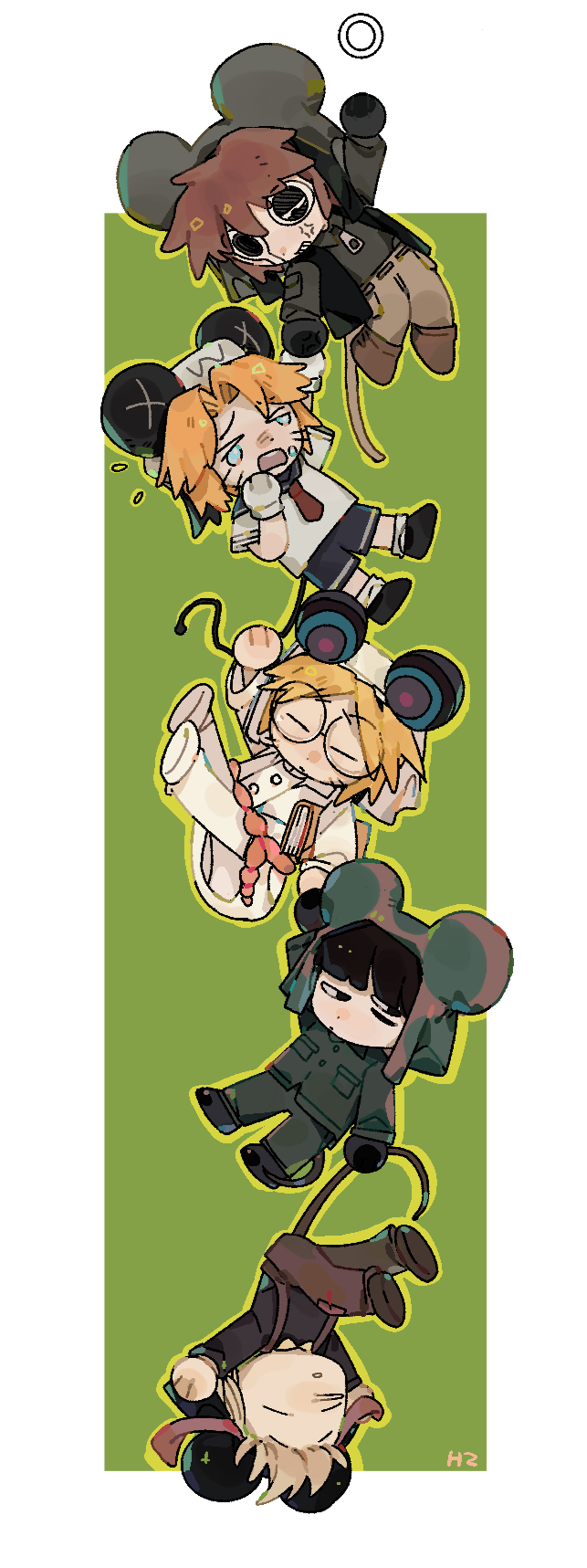 5boys blonde_hair brown_hair chibi chinese_commentary commentary_request crying green_background hat highres holding_another&#039;s_tail kinder_surprised_michael_jr. male_focus military_uniform mouse_boy mouse_hat mouse_tail multiple_boys present_day_problem_takeuchi_robert randal&#039;s_friends ratman_3_(randal&#039;s_friends) ratman_4_(randal&#039;s_friends) ratman_5_(randal&#039;s_friends) sailor sailor_hat shan_hou short_hair simple_background tail