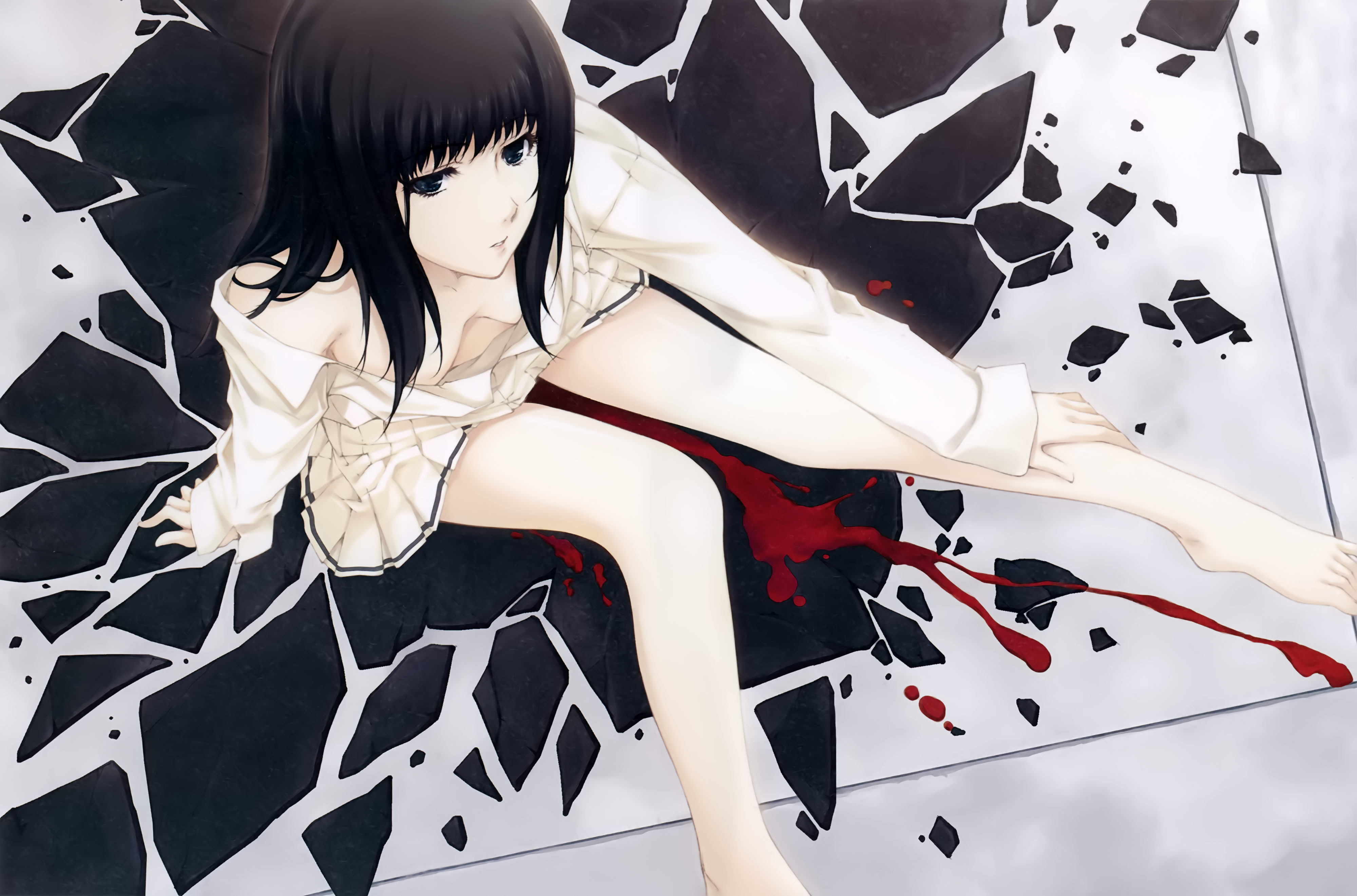 1girl absurdres bare_legs barefoot black_eyes black_hair blood breasts cleavage hand_on_own_leg highres innocent_grey kara_no_shoujo kuchiki_touko long_hair looking_at_viewer looking_up medium_breasts no_bra official_art open_clothes open_shirt scan school_uniform shards shattered sitting skirt solo sugina_miki white_skirt