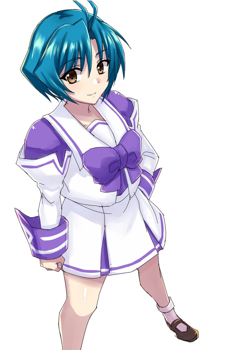 1girl antenna_hair blush bow brown_eyes brown_footwear clenched_hand hakuryou_high_school_uniform hand_on_own_hip juliet_sleeves long_sleeves minarai muv-luv muv-luv_alternative puffy_sleeves purple_bow school_uniform short_hair smile solo standing yoroi_mikoto