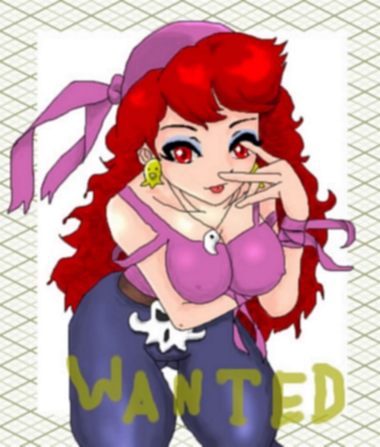 1girl arettes arm_up bandana breasts captain_syrup cleavage hand_up large_breasts leaning_forward lips long_hair looking_at_viewer make makeup nintendo pants pirate red_eyes red_hair shoes tagme thief tomboy wario_land wario_land:_shake_it!