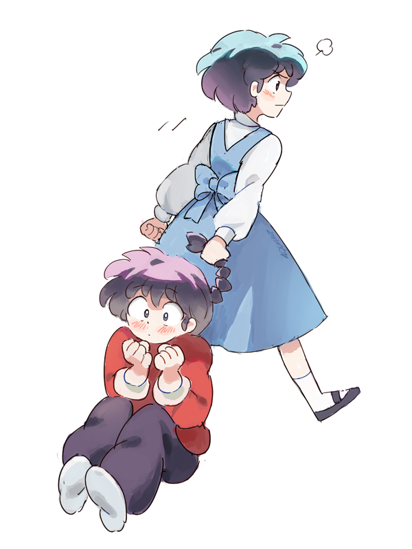 1boy 1girl aquanut black_shoes blush fuurinkan_high_school_uniform ranma_1/2 saotome_ranma school_uniform shoes short_hair simple_background socks tendou_akane white_background white_socks