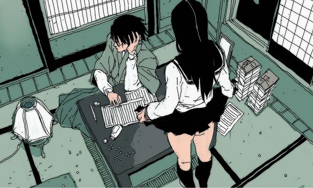 1boy 1girl ass black_hair clothes_lift commentary_request duplicate from_behind glasses hakama hakama_skirt hand_on_own_face holding itoshiki_nozomu japanese_clothes junny kitsu_chiri pleated_skirt sayonara_zetsubou_sensei school_uniform shosei sitting skirt skirt_lift thighs
