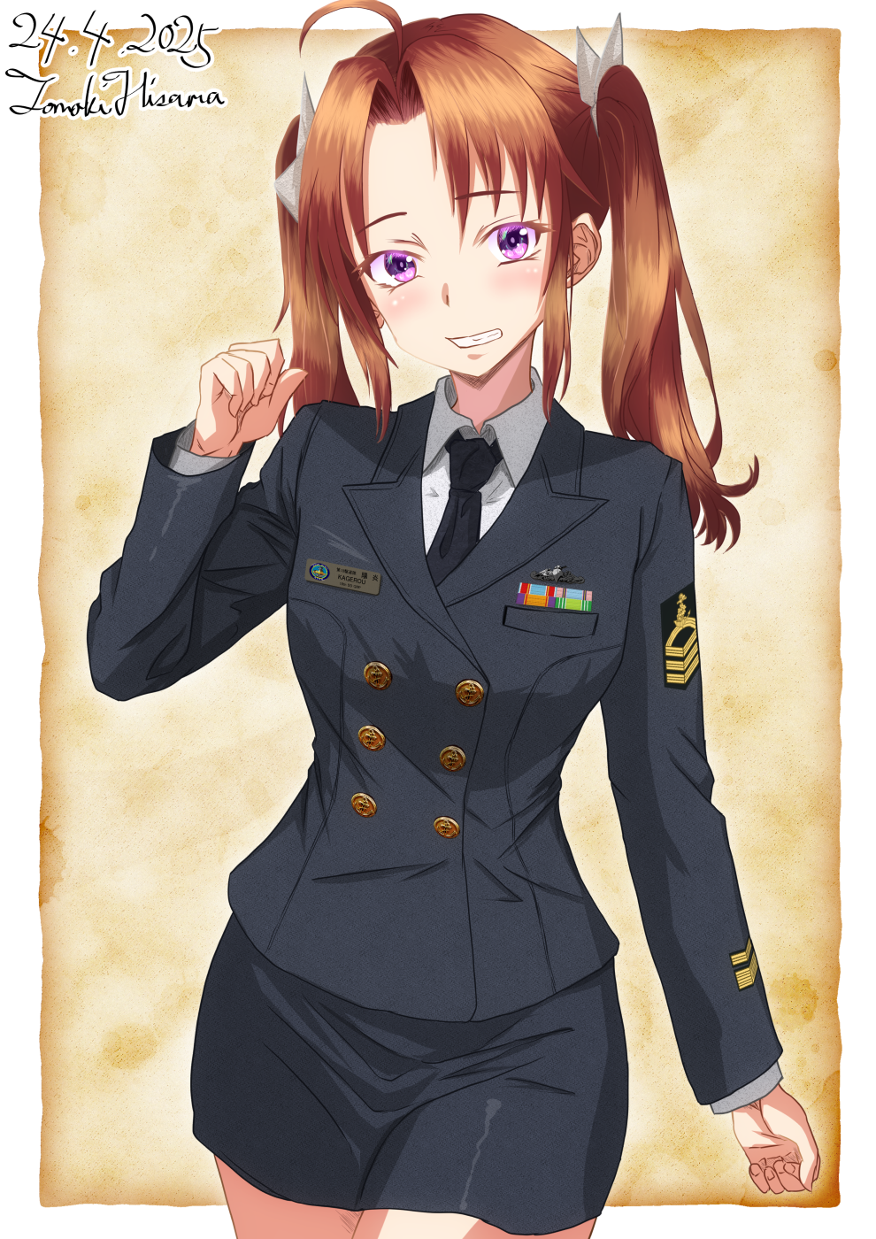 1girl ahoge alternate_costume artist_name black_jacket black_necktie black_skirt brown_hair buttons collared_shirt dated double-breasted hair_ribbon highres hisamatomoki jacket japan_maritime_self-defense_force japan_self-defense_force kagerou_(kancolle) kagerou_kai_ni_(kancolle) kantai_collection long_sleeves military military_dress_uniform military_rank_insignia military_uniform naval_dress_uniform naval_uniform necktie one-hour_drawing_challenge purple_eyes ribbon ribbon_bar shirt skirt solo twintails white_ribbon white_shirt