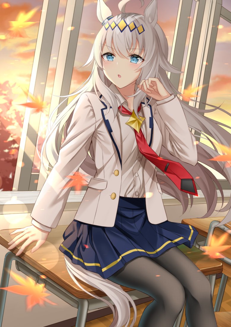 1girl ahoge animal_ears autumn_leaves black_pantyhose blazer blue_eyes blue_skirt blurry classroom cloud cloudy_sky collared_shirt commentary_request depth_of_field desk hair_between_eyes hair_ornament headpiece horse_ears horse_girl horse_tail jacket knees_together_feet_apart leaf long_hair long_sleeves looking_at_viewer maple_leaf necktie oguri_cap_(umamusume) pantyhose parted_lips pleated_skirt school_desk school_uniform shirt sidelocks sitting skirt sky solo sugisaki_yuu tail twilight umamusume white_hair wind window