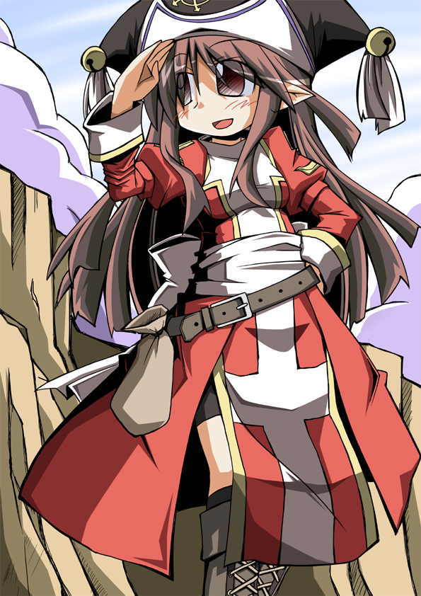 1girl back_bow belt bike_shorts black_hat black_thighhighs blue_sky blush boots bow breasts brown_belt brown_eyes brown_hair cloud commentary_request day dress feet_out_of_frame grey_boots hat high_priest_(ragnarok_online) juliet_sleeves long_hair long_sleeves looking_afar medium_breasts nitoro_(nasenaru) noah_hat_(ragnarok_online) open_mouth outdoors pointy_ears puffy_sleeves ragnarok_online red_dress sack sash shading_eyes shorts_under_dress sky smile solo standing thighhighs two-tone_dress white_bow white_dress white_sash