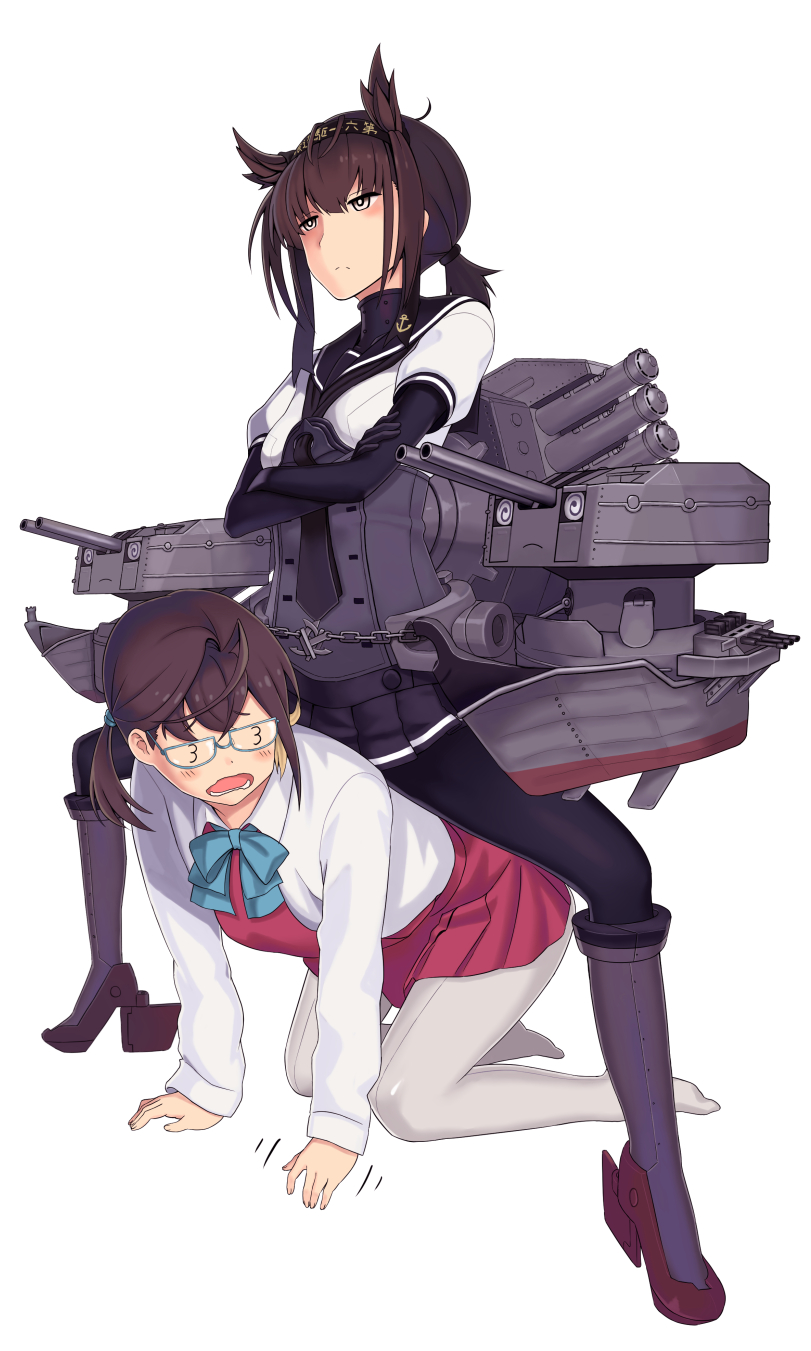 2girls 3_3 :o ahoge all_fours anchor_symbol black_hair black_legwear blue-framed_eyewear blush boots brown_eyes brown_hair chou-10cm-hou-chan chou-10cm-hou-chan_(hatsuzuki&#039;s) crossed_arms glasses grey_footwear grey_skirt hair_flaps hairband hatsuzuki_(kancolle) high_heel_boots high_heels highres kantai_collection long_sleeves miniskirt misumi_(niku-kyu) multiple_girls necktie no_shoes okinami_(kancolle) pantyhose pink_skirt ponytail school_uniform ship_turret short_hair short_ponytail sidelocks sitting skirt spread_legs white_legwear