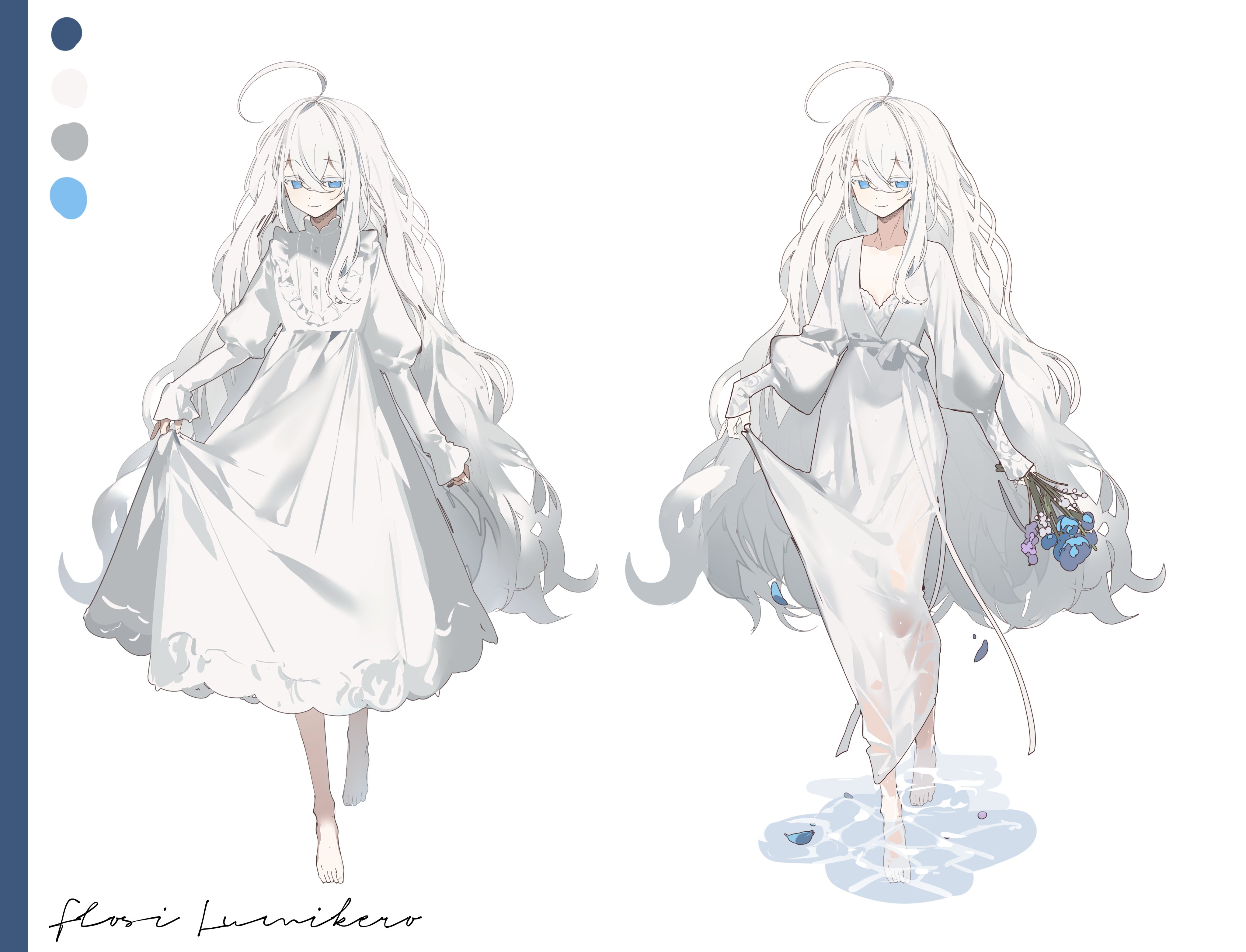 1girl absurdres asphyxia17 barefoot collarbone dress flower hair_between_eyes highres holding holding_flower lifting_own_clothes long_hair looking_at_viewer original puffy_sleeves signature simple_background skirt_hold smile standing very_long_hair white_background white_dress white_hair
