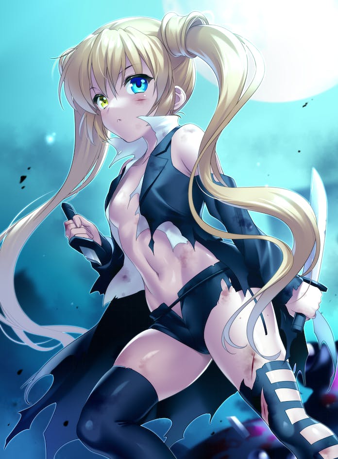 1girl arm_at_side bare_shoulders black_jacket black_shorts black_thighhighs blonde_hair blue_eyes blurry blurry_background breasts commentary_request eyes_visible_through_hair feet_out_of_frame fighting_stance floating_hair full_moon hair_between_eyes hand_up heterochromia holding holding_knife jacket knife long_hair looking_at_viewer midriff moon nakatsu_shizuru navel night no_bra outdoors parted_lips rewrite scar scar_on_face scar_on_leg serious shorts sideboob skindentation small_breasts solo standing stomach thighhighs thighs torn_clothes torn_jacket torn_shorts twintails very_long_hair yellow_eyes zen_(kamuro)