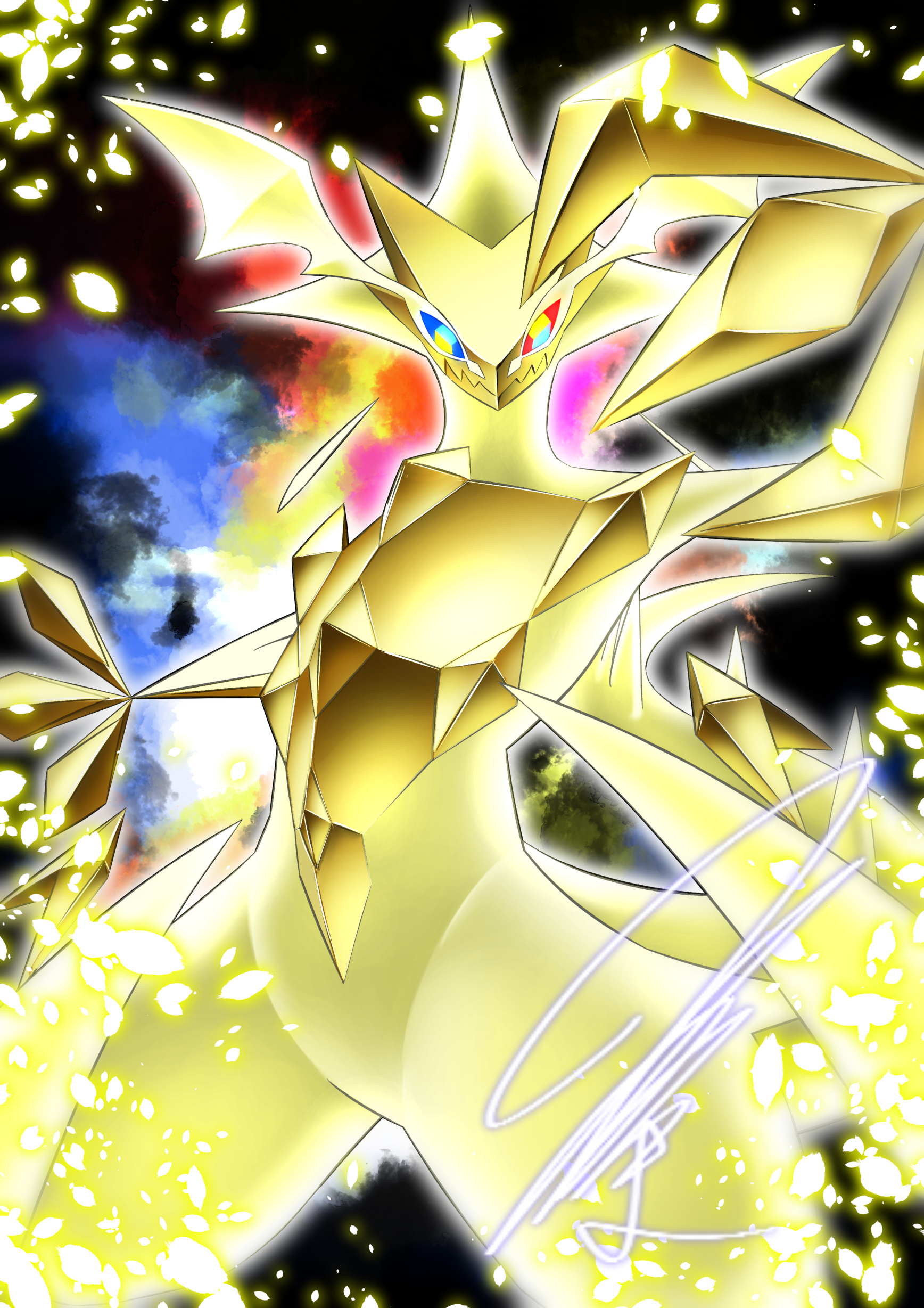absurdres aura black_background blue_eyes colored_skin dynamic_pose falling_petals floating game_freak gen_7_pokemon glowing gold_petals groin heterochromia highres legendary_pokemon light_particles looking_at_viewer mitsukuma448 multicolored_eyes nebula necrozma necrozma_(ultra) nintendo no_humans petals pokemon pokemon_(creature) red_eyes signature solo tail thick_thighs thighs yellow_skin