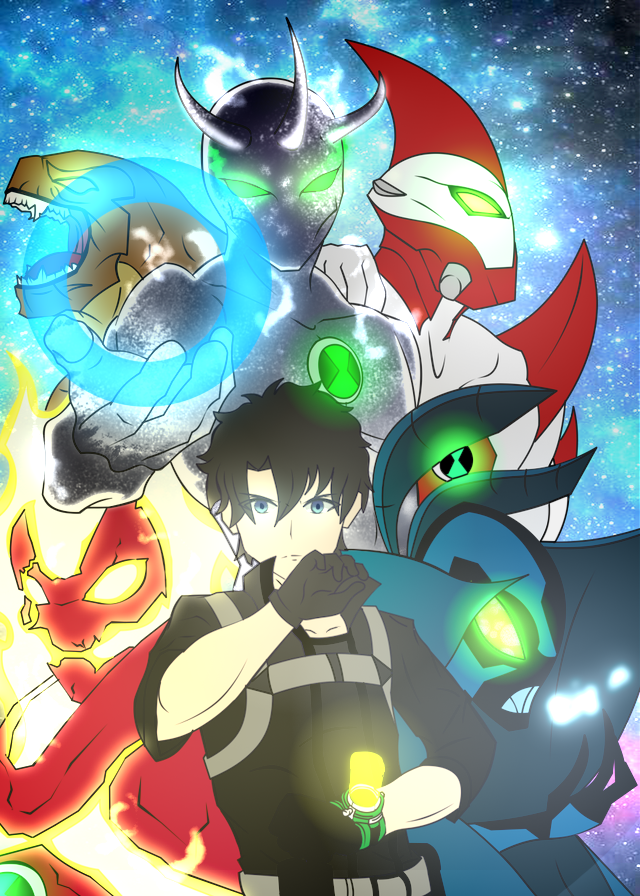 1boy alien_x_(ben_10) ben_10 ben_10:_alien_force ben_tennyson big_chill black_hair fate/grand_order fate_(series) fujimaru_ritsuka_(male) glowing glowing_eyes green_eyes heatblast jacket multiple_persona omnitrix short_hair way_big wildmutt