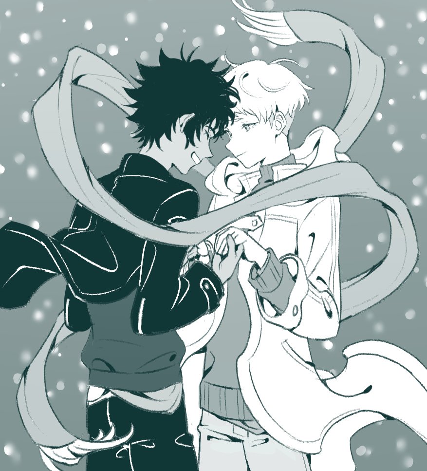 2boys arms_up asuka_ryou closed_eyes closed_mouth coat commentary_request couple cowboy_shot devilman devilman_crybaby floating_clothes fudou_akira grin holding_hands hood hood_down hooded_coat huziqunzi jacket layered_sleeves long_sleeves looking_at_another male_focus monochrome multiple_boys pants scarf short_hair smile snow snowing teeth turtleneck yaoi