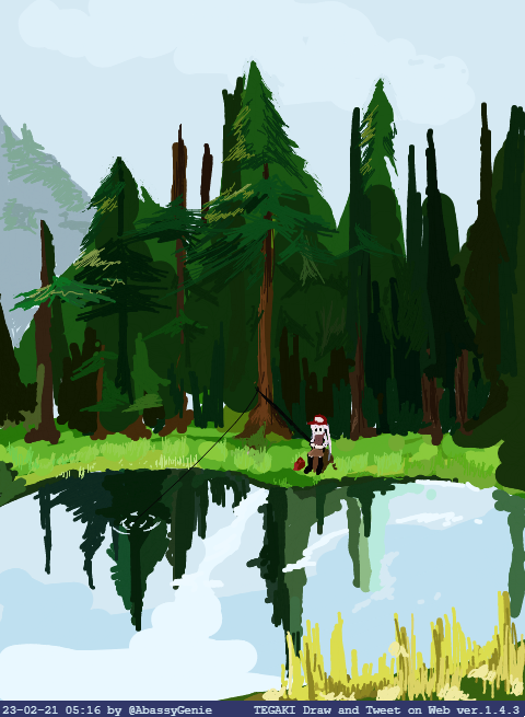 1girl alice_sawyer artist_name female_focus fishing fishing_line fishing_rod hat indie_virtual_youtuber mask nature outdoors solo tackle_box tegaki tegaki_draw_and_tweet thegeniea1 timestamp tree twintails twitter_username virtual_youtuber water