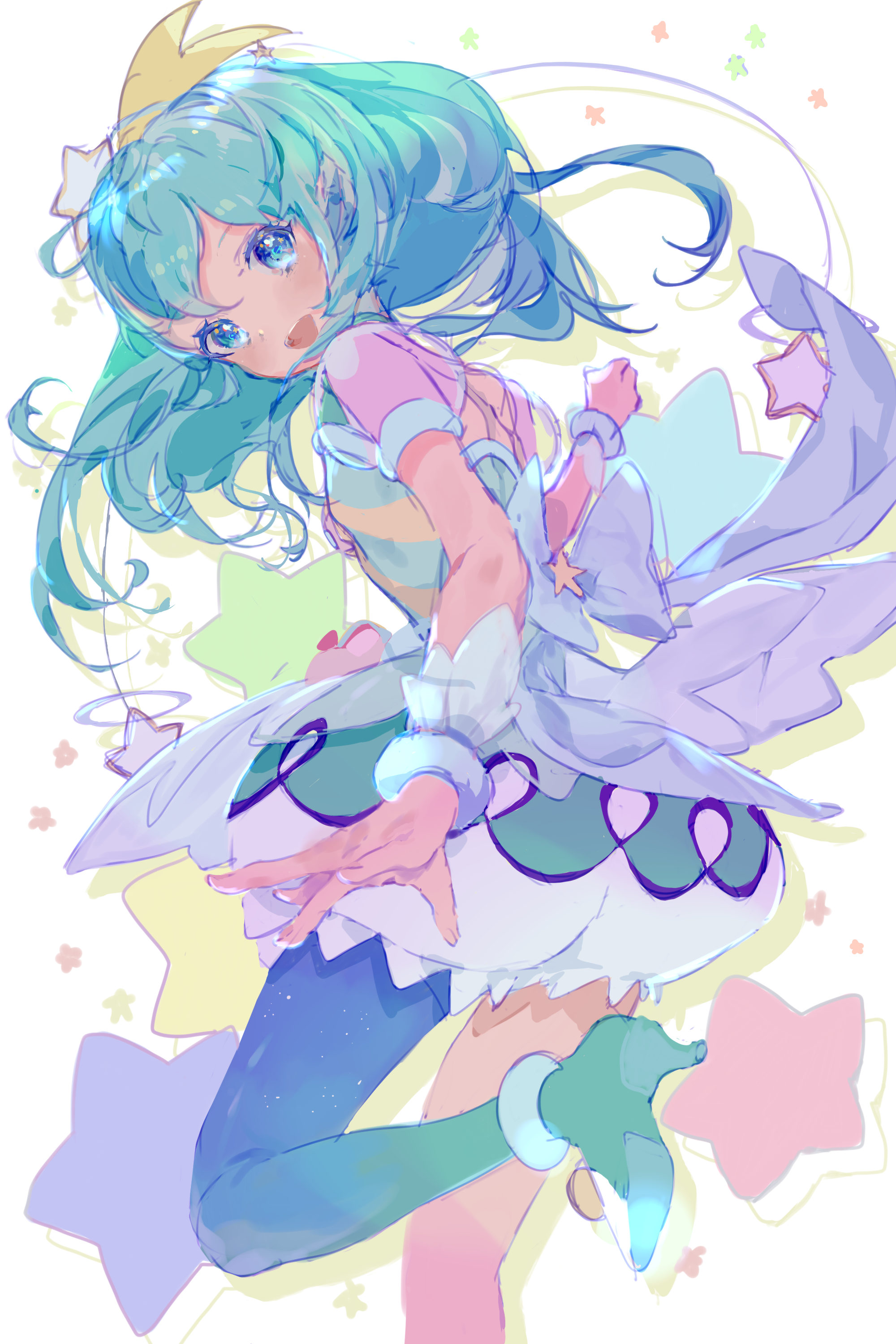 1girl :d absurdres alien anklet antennae aqua_eyes aqua_hair aqua_leotard aqua_shorts asymmetrical_clothes boots cure_milky drop_shadow floating_hair gradient_legwear hagoromo_lala hair_ornament high_heels highres jewelry leotard looking_at_viewer magical_girl medium_hair open_mouth precure puffy_short_sleeves puffy_shorts puffy_sleeves see-through_clothes see-through_skirt see-through_sleeves seika_(yuimarutoka0219) shooting_star_hair_ornament short_shorts short_sleeves shorts simple_background single_pantsleg sketch skirt smile solo star_(symbol) star_hair_ornament star_twinkle_precure white_background wrist_cuffs