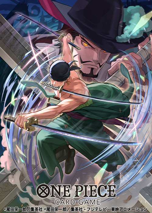 2boys bandana beard black_bandana black_hair commentary_request copyright_name dracule_mihawk earrings facial_hair green_kimono hat_feather holding holding_sword holding_weapon japanese_clothes jewelry kimono looking_at_viewer male_focus multiple_boys mustache official_art one_piece one_piece_card_game otton roronoa_zoro scar scar_across_eye scar_on_face sword weapon weapon_in_mouth yellow_eyes