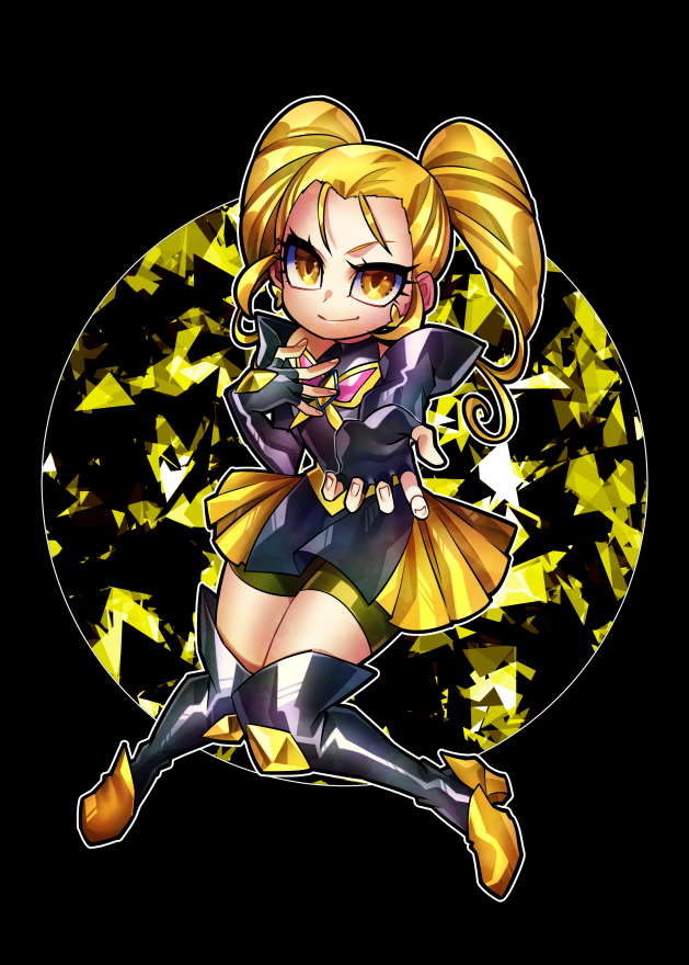 1girl black_background black_boots black_gloves black_shorts blonde_hair boots butterfly_earrings commentary_request crystal dark_cure_(yes!_precure_5) dark_lemonade dark_persona dual_persona earrings elbow_gloves fingerless_gloves full_body gloves hair_ornament hair_pulled_back jewelry knee_boots kugimiya_rie looking_at_viewer magical_girl medium_hair multicolored_boots multicolored_skirt precure reaching reaching_towards_viewer senmu_(0107) shorts shorts_under_skirt simple_background skirt smile solo twintails yellow_boots yellow_eyes yellow_skirt yes!_precure_5